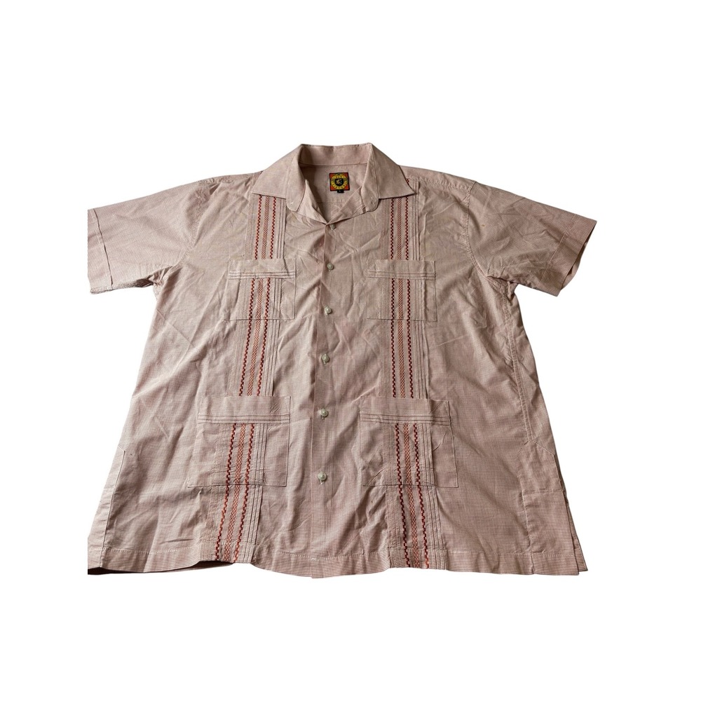 San Cristobal Mens Guayabera Shirt Large Terracotta Check Embroidered Cotton L